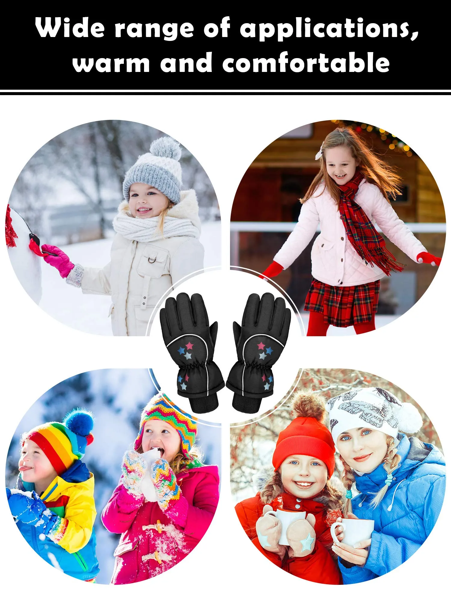 Boao Snow Mittens Winter Ski Mittens Waterproof Warm Cotton-lined Gloves for Kids Black 1-3T