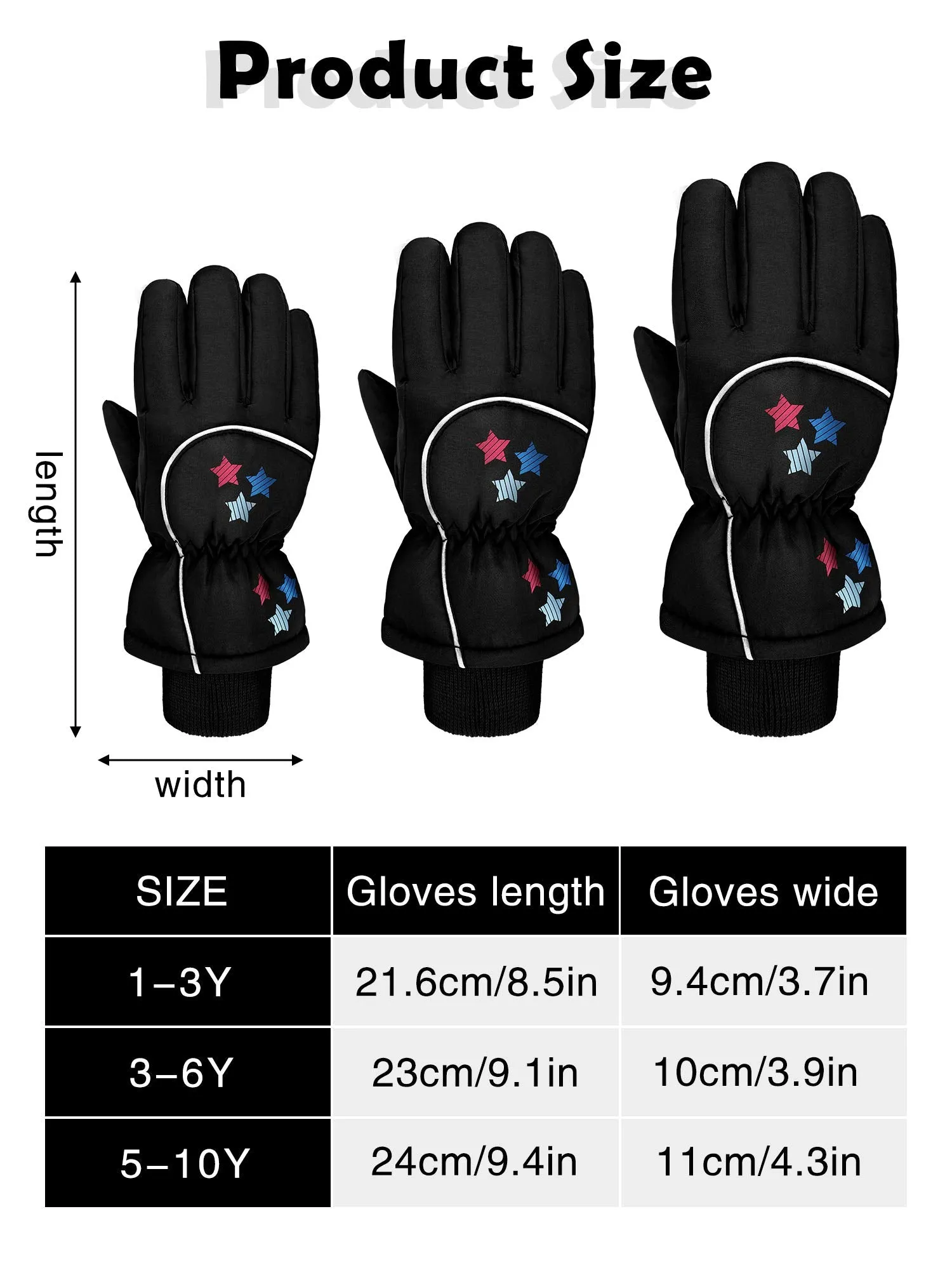 Boao Snow Mittens Winter Ski Mittens Waterproof Warm Cotton-lined Gloves for Kids Black 1-3T