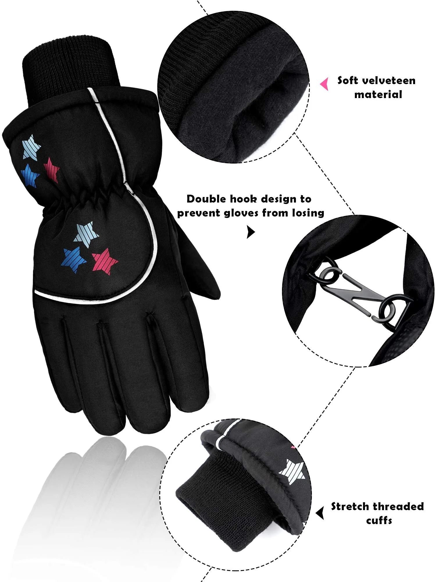 Boao Snow Mittens Winter Ski Mittens Waterproof Warm Cotton-lined Gloves for Kids Black 1-3T