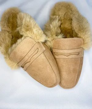 Camel Fuzzy Mule Slip Ons