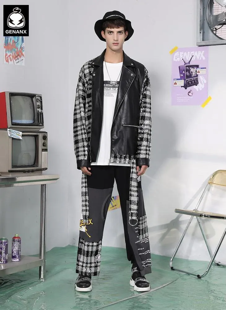Color Block Plaid Paint Printed Leather Diagonal Zip Jacket
