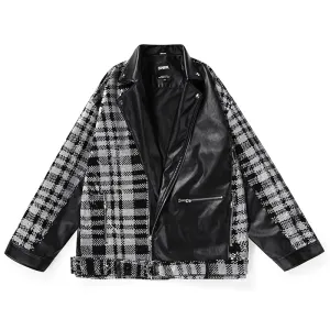 Color Block Plaid Paint Printed Leather Diagonal Zip Jacket
