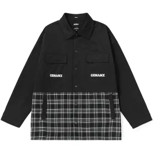 Contrast-Paneled Plaid Snap-Button Couple Jacket