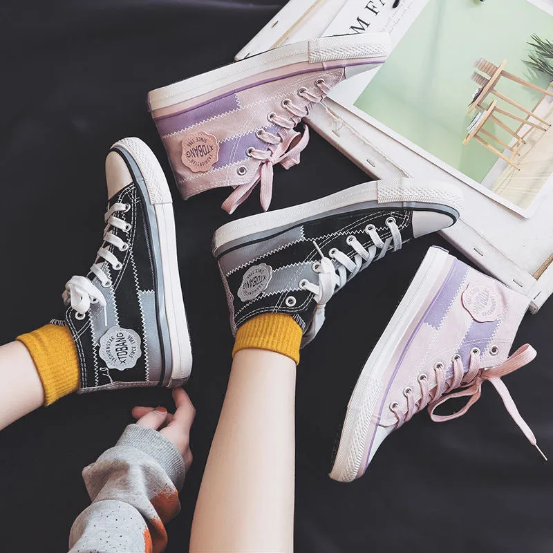 Cool Women's Stitching Front Black Flat Canvas Shoes