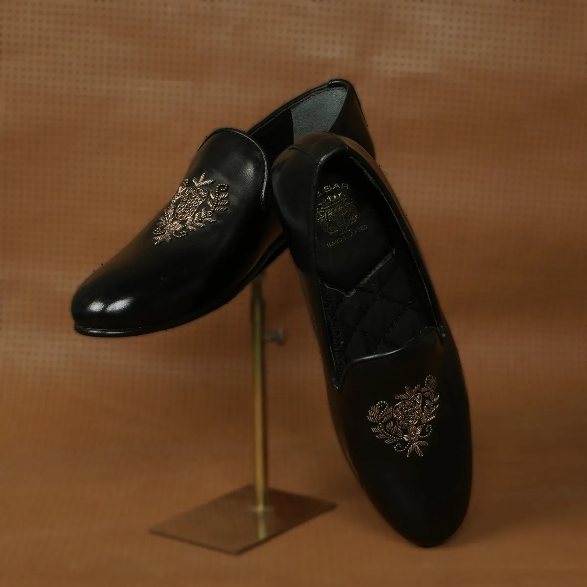Ethnic Slip-On Black Leather with Crest Zardosi
