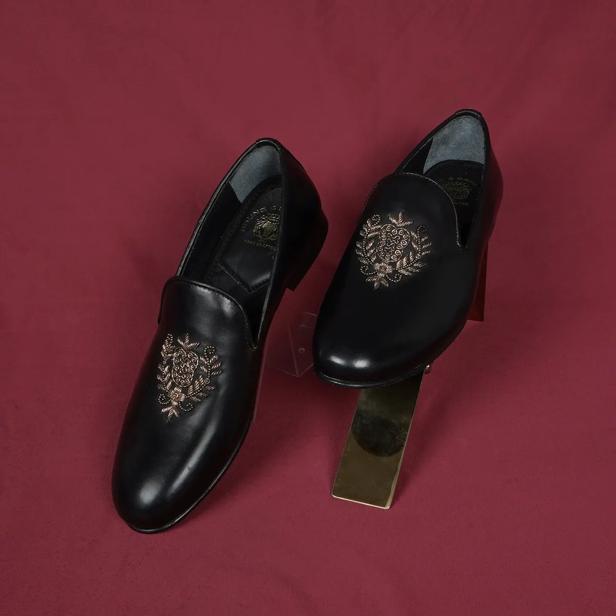 Ethnic Slip-On Black Leather with Crest Zardosi