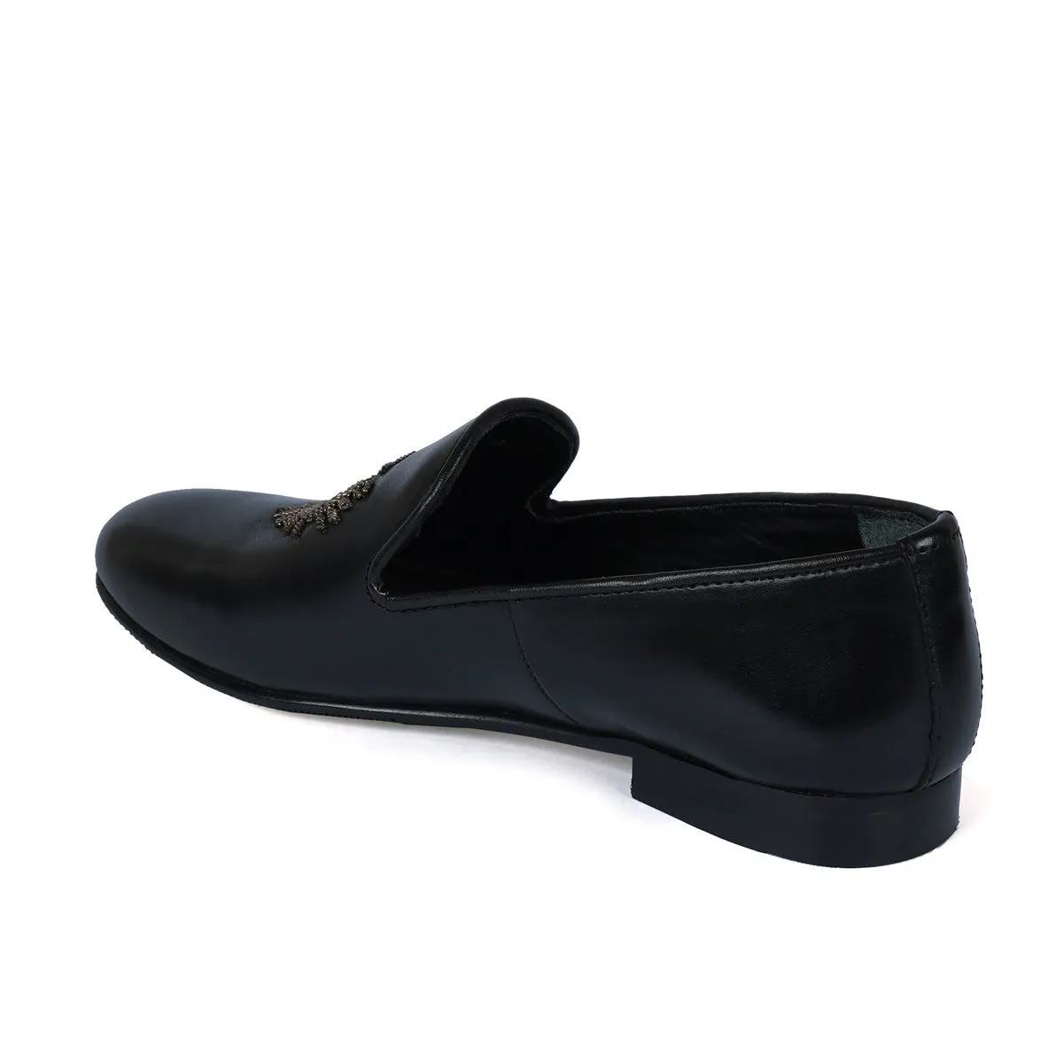 Ethnic Slip-On Black Leather with Crest Zardosi
