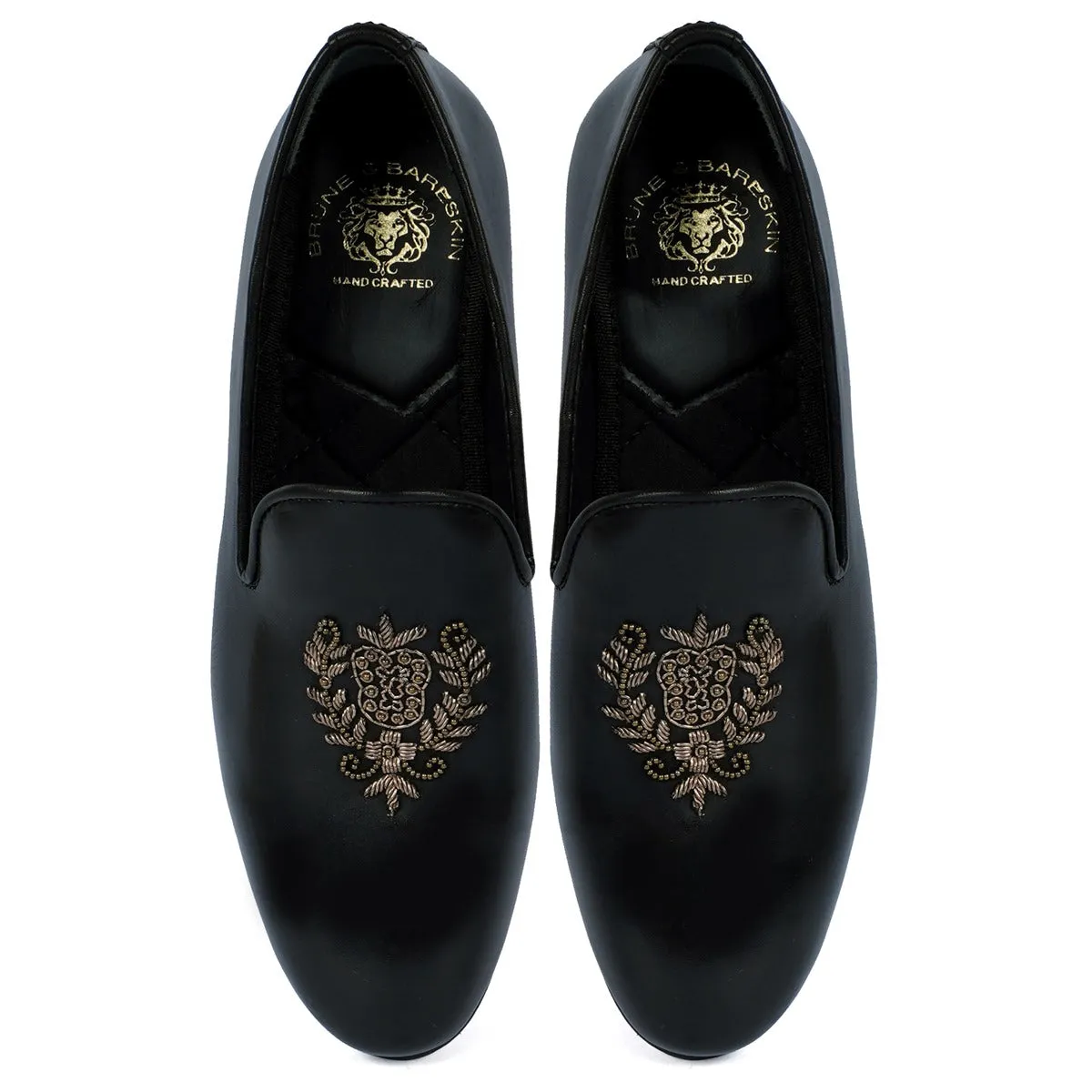 Ethnic Slip-On Black Leather with Crest Zardosi