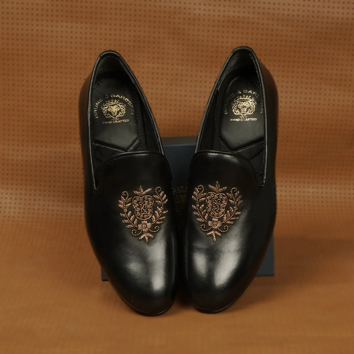 Ethnic Slip-On Black Leather with Crest Zardosi