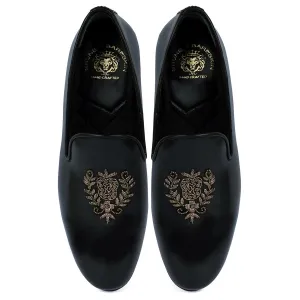 Ethnic Slip-On Black Leather with Crest Zardosi