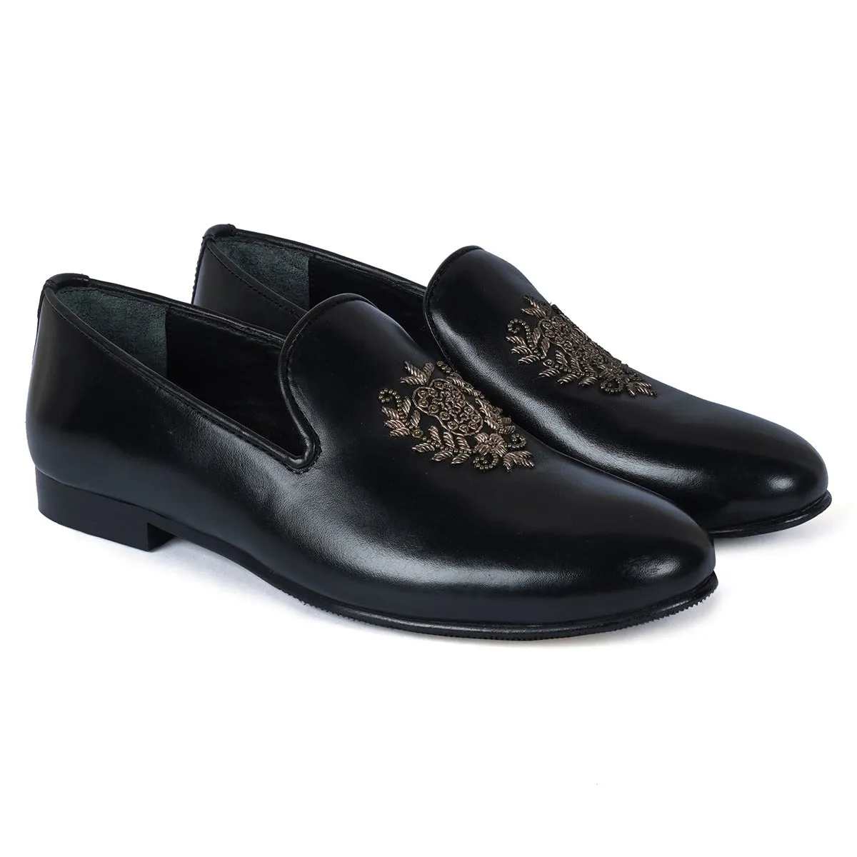 Ethnic Slip-On Black Leather with Crest Zardosi