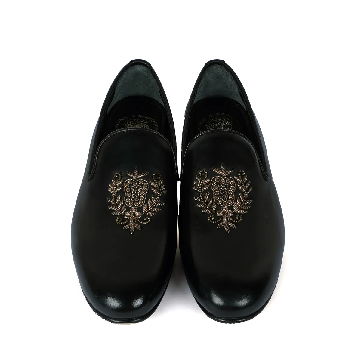 Ethnic Slip-On Black Leather with Crest Zardosi