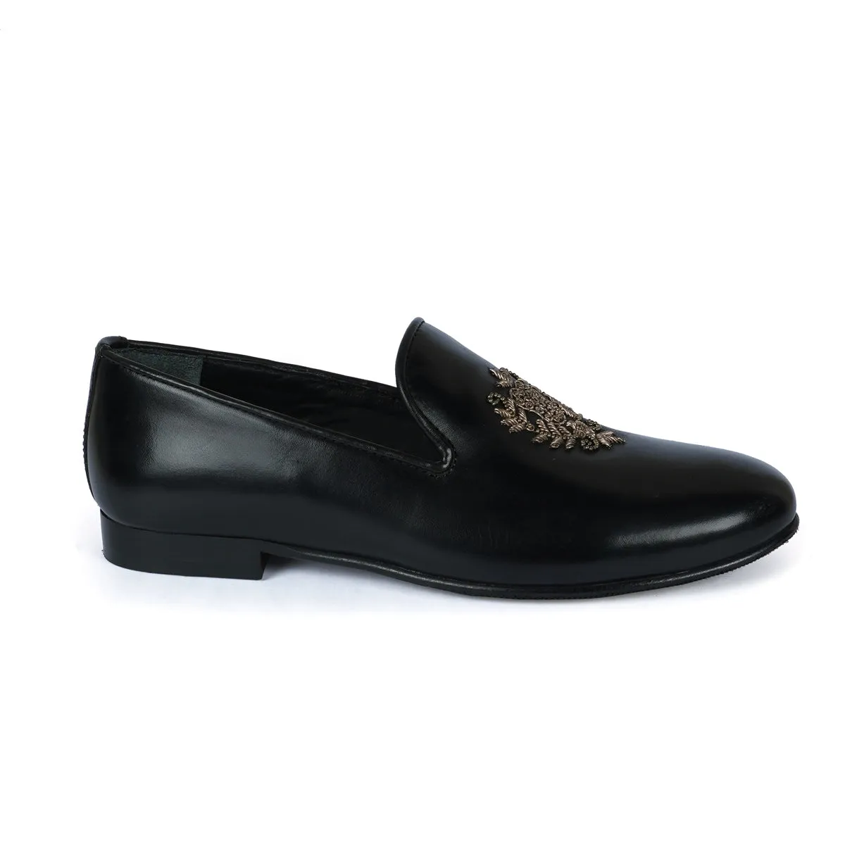 Ethnic Slip-On Black Leather with Crest Zardosi