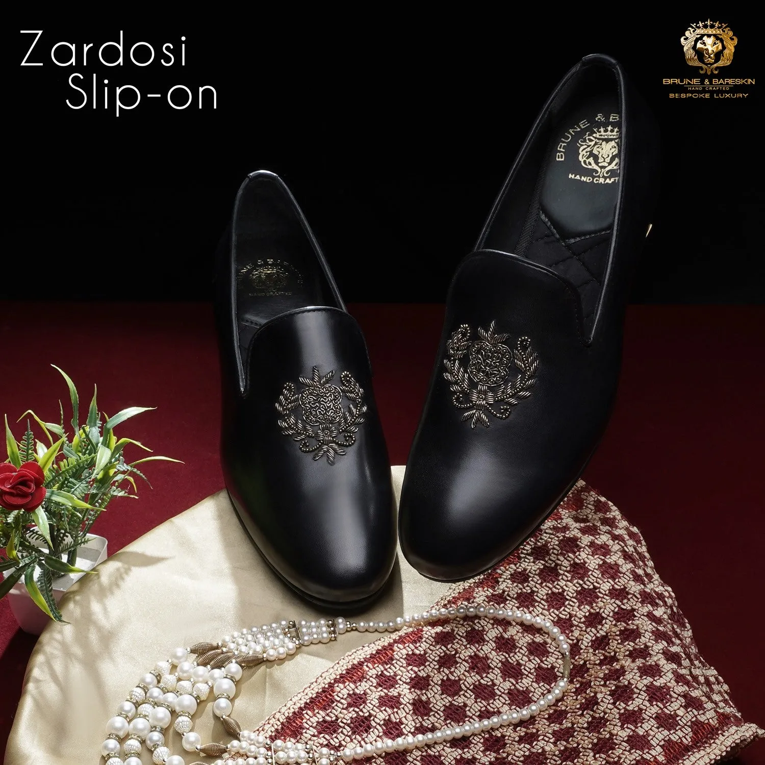 Ethnic Slip-On Black Leather with Crest Zardosi