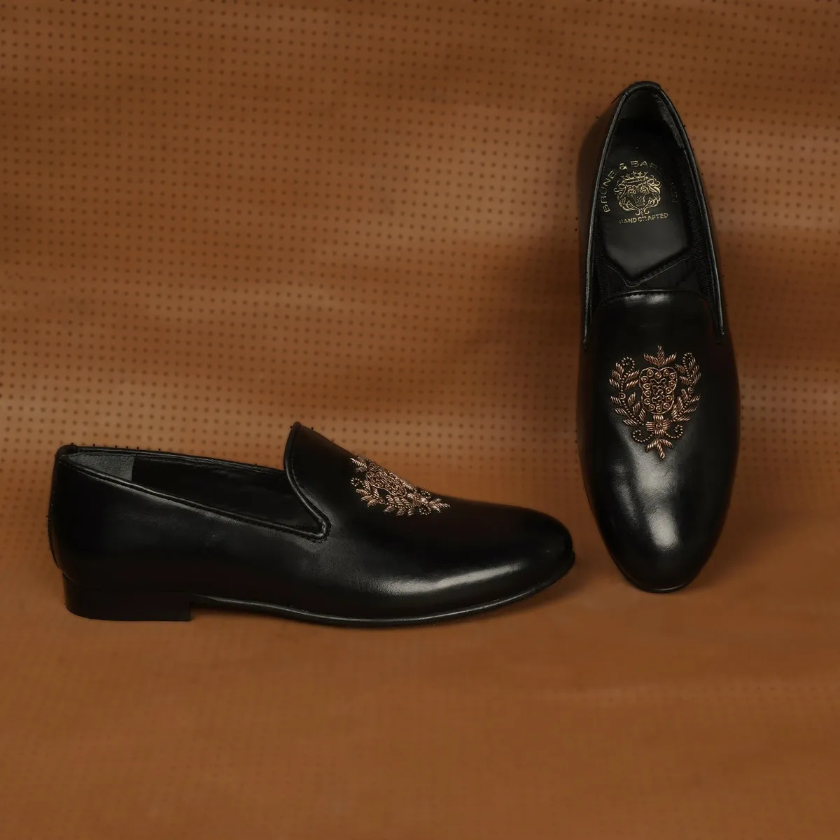 Ethnic Slip-On Black Leather with Crest Zardosi