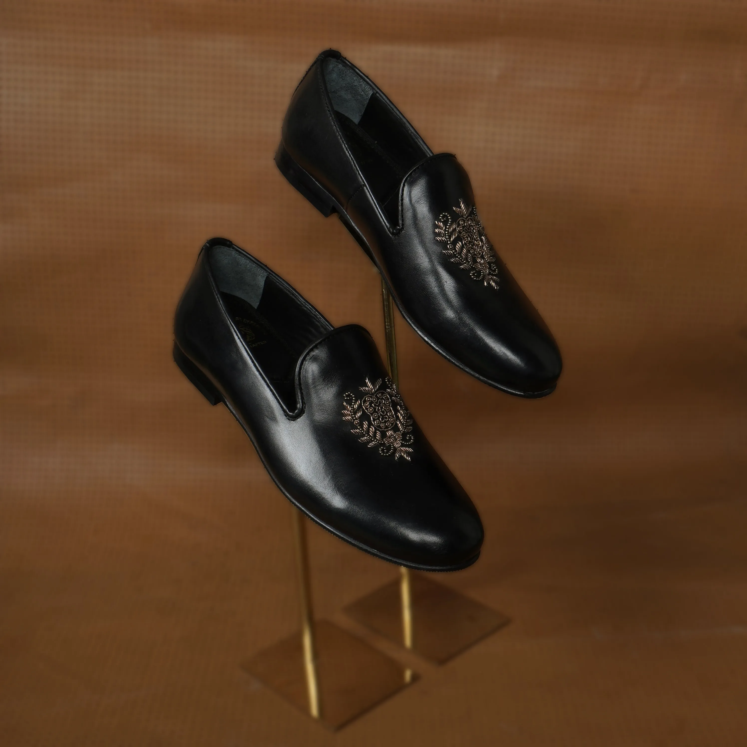 Ethnic Slip-On Black Leather with Crest Zardosi