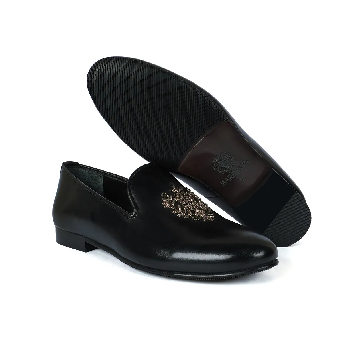 Ethnic Slip-On Black Leather with Crest Zardosi