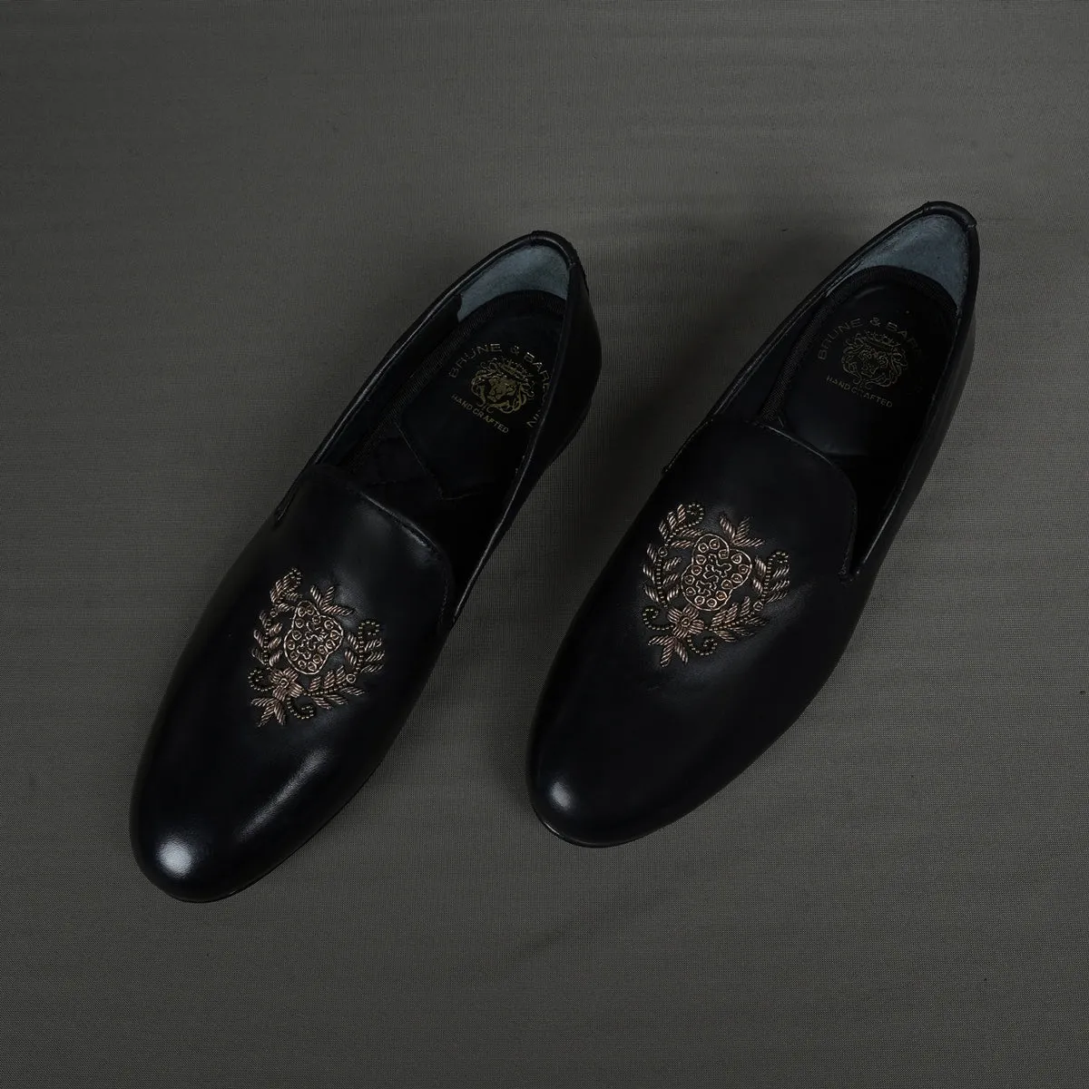 Ethnic Slip-On Black Leather with Crest Zardosi