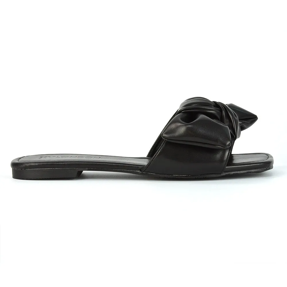Kallie Flat Bow Detail Square Toe Summer Slider Sandals in Mint Synthetic Leather