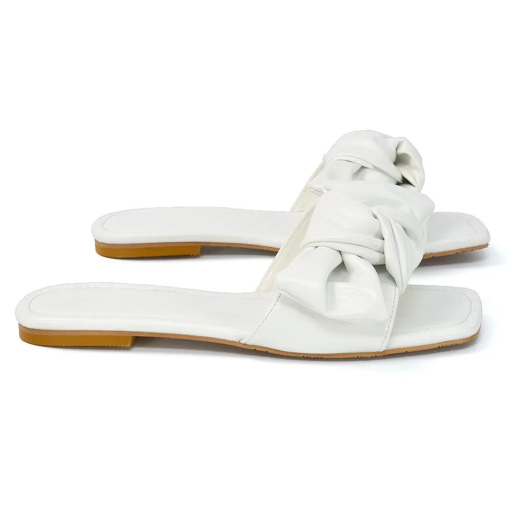 Kallie Flat Bow Detail Square Toe Summer Slider Sandals in Mint Synthetic Leather