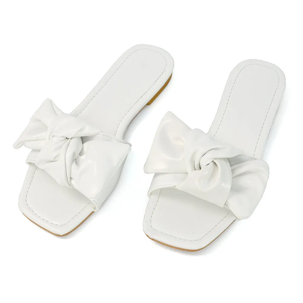 Kallie Flat Bow Detail Square Toe Summer Slider Sandals in Mint Synthetic Leather