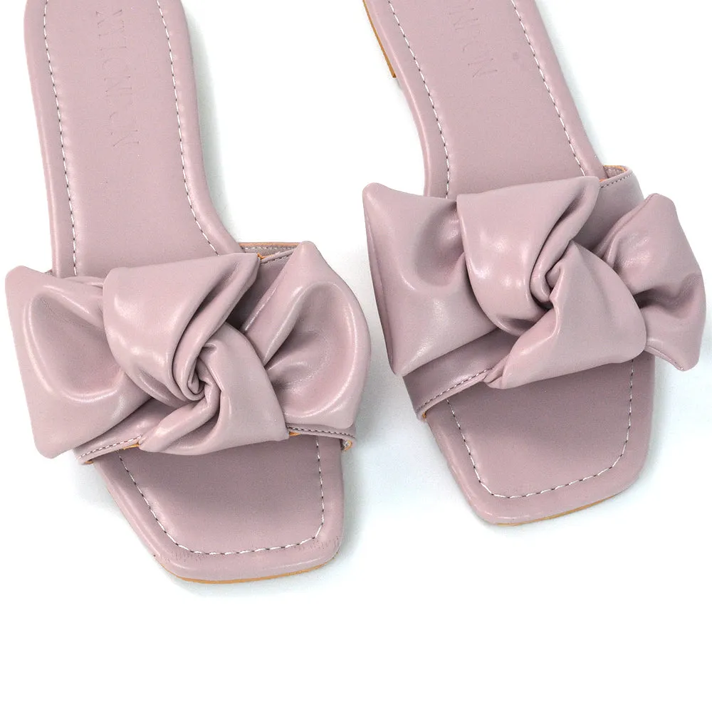 Kallie Flat Bow Detail Square Toe Summer Slider Sandals in Mint Synthetic Leather