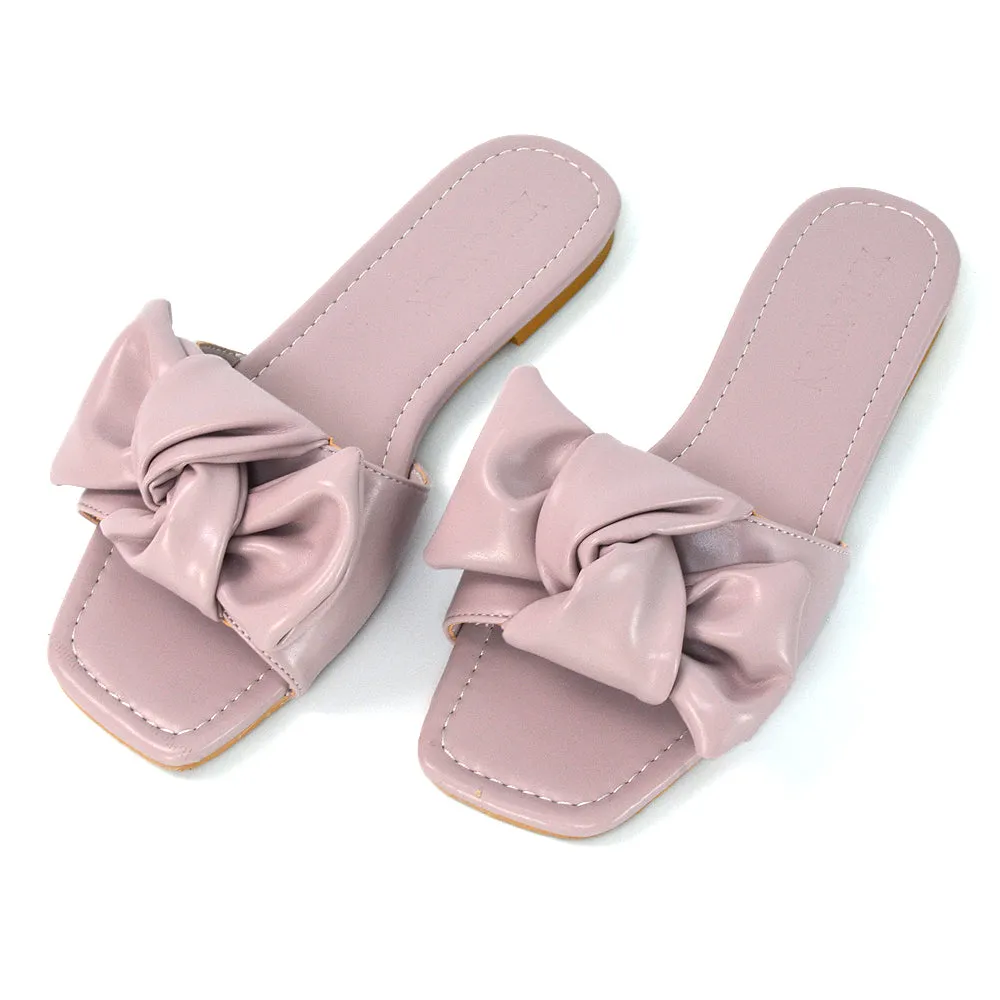 Kallie Flat Bow Detail Square Toe Summer Slider Sandals in Mint Synthetic Leather