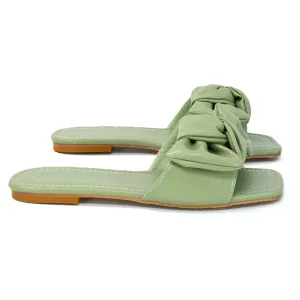Kallie Flat Bow Detail Square Toe Summer Slider Sandals in Mint Synthetic Leather