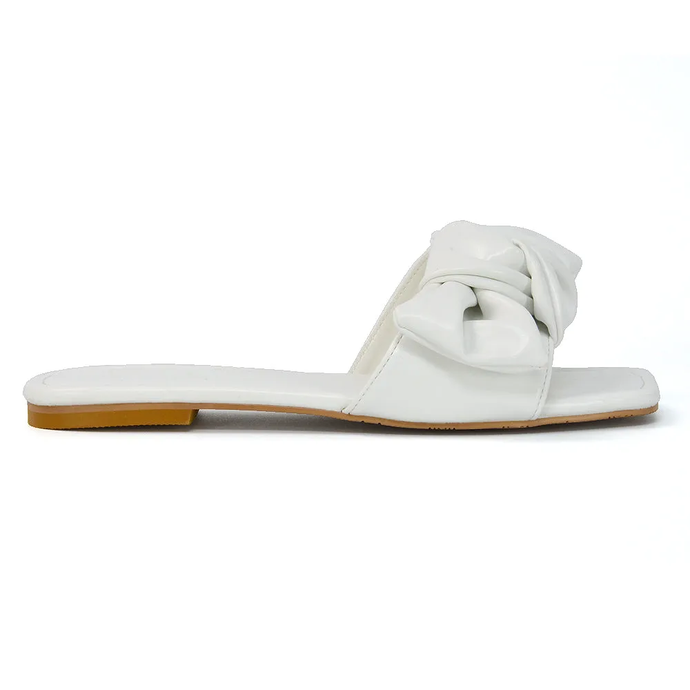 Kallie Flat Bow Detail Square Toe Summer Slider Sandals in Mint Synthetic Leather