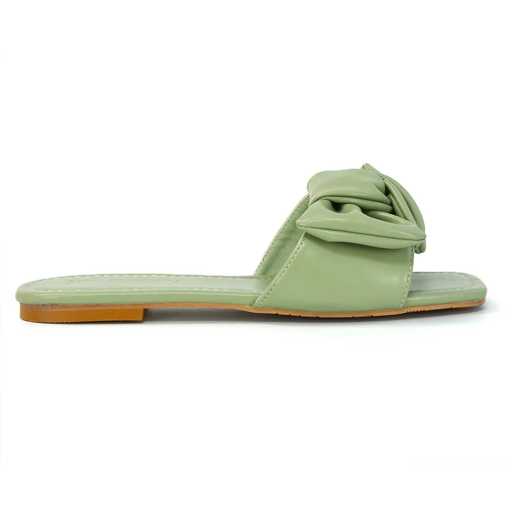 Kallie Flat Bow Detail Square Toe Summer Slider Sandals in Mint Synthetic Leather