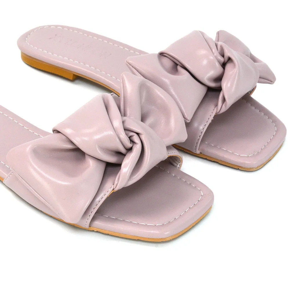 Kallie Flat Bow Detail Square Toe Summer Slider Sandals in Mint Synthetic Leather