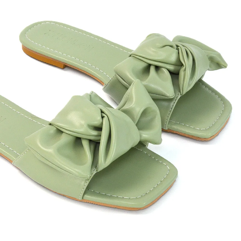 Kallie Flat Bow Detail Square Toe Summer Slider Sandals in Mint Synthetic Leather