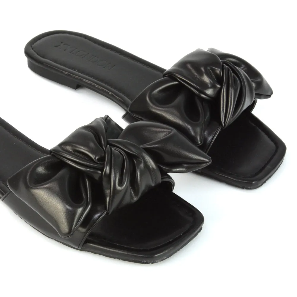 Kallie Flat Bow Detail Square Toe Summer Slider Sandals in Mint Synthetic Leather