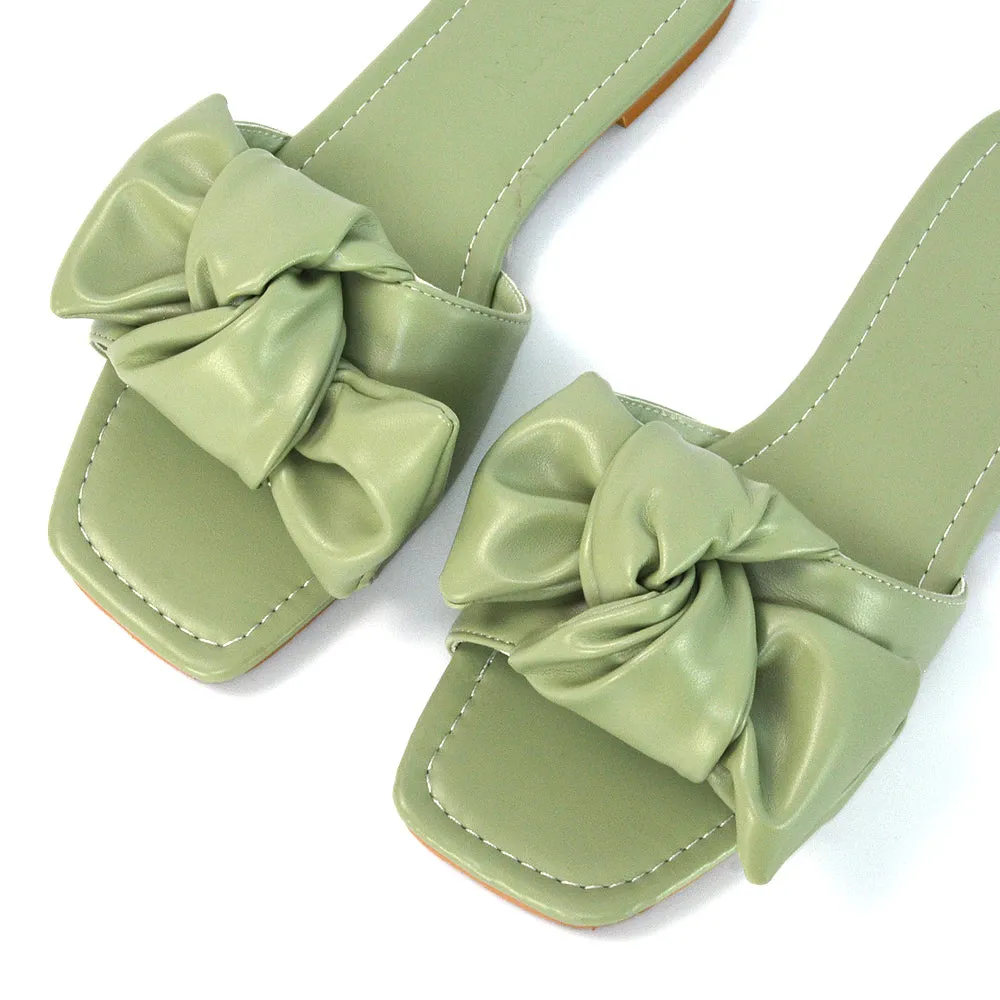Kallie Flat Bow Detail Square Toe Summer Slider Sandals in Mint Synthetic Leather