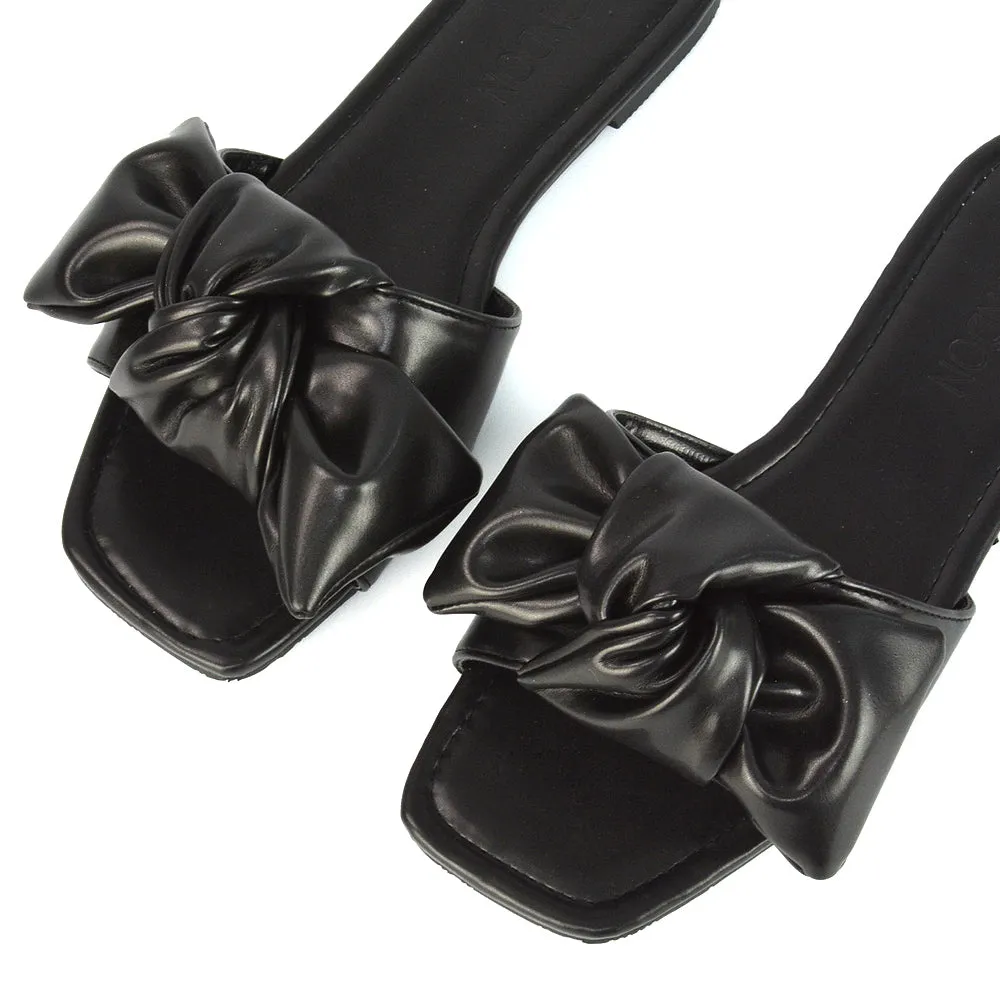 Kallie Flat Bow Detail Square Toe Summer Slider Sandals in Mint Synthetic Leather