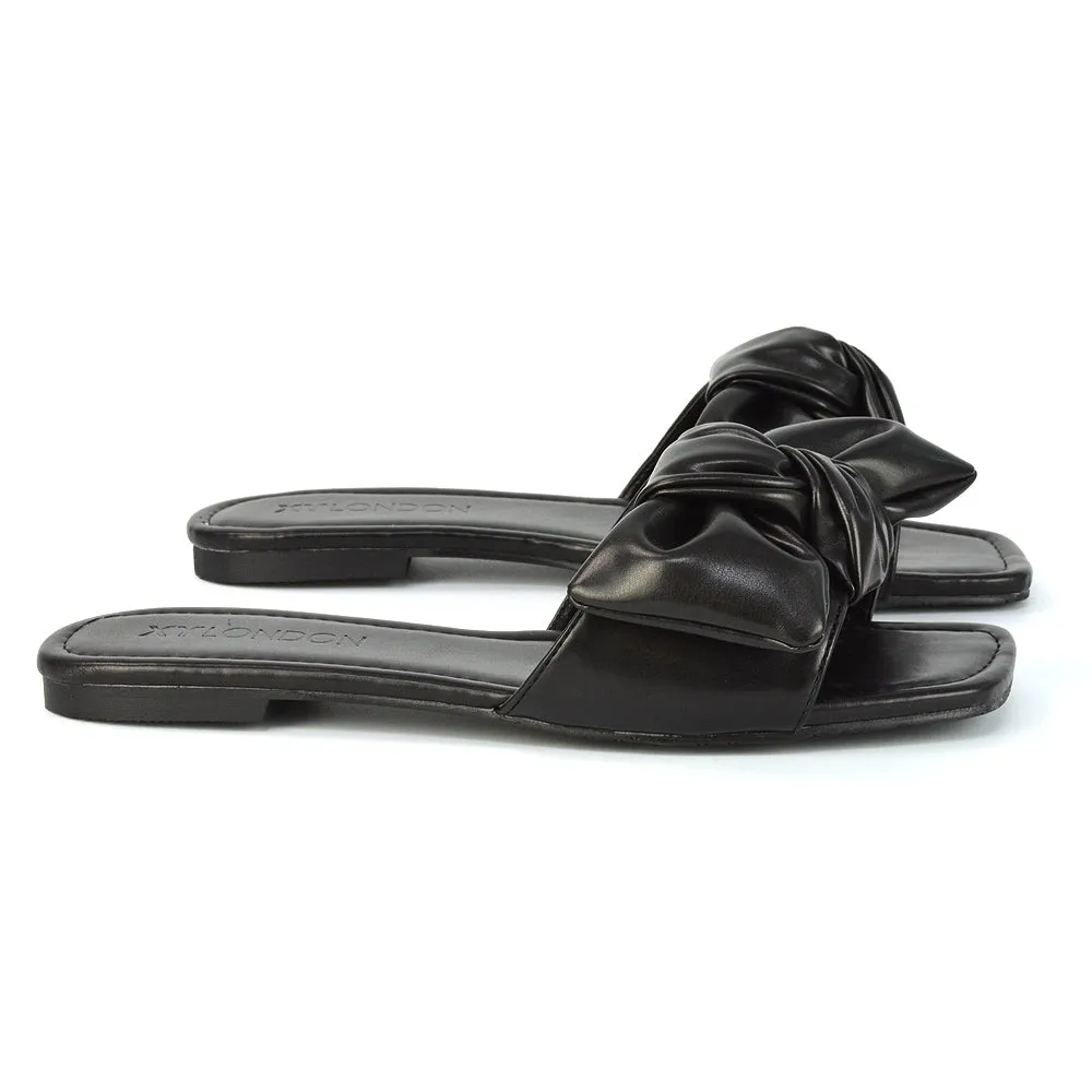 Kallie Flat Bow Detail Square Toe Summer Slider Sandals in Mint Synthetic Leather