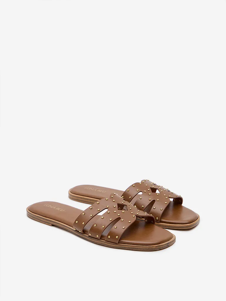 LUNA BLU Tan Embellished Slides