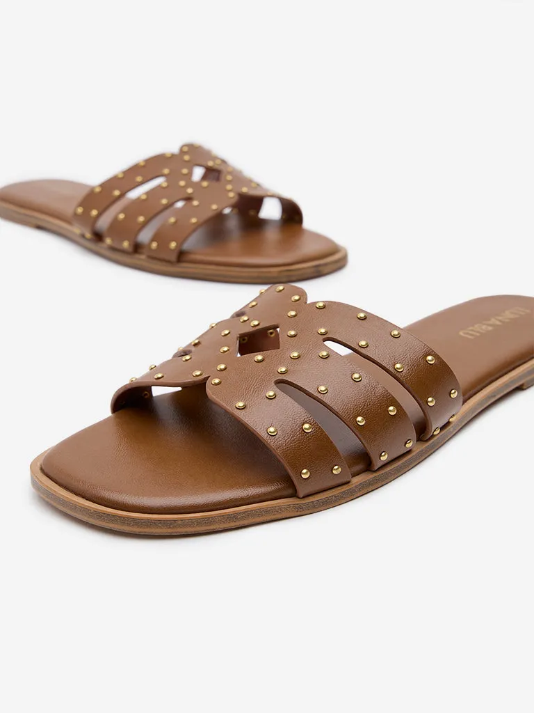 LUNA BLU Tan Embellished Slides