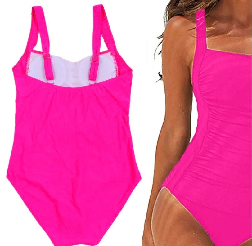 m - xxl: USS Navy blue or Daytona Pink SWIM - one-piece modest swimsuit w ruched tummy / waist forgiving > vacation holiday beach pool lake