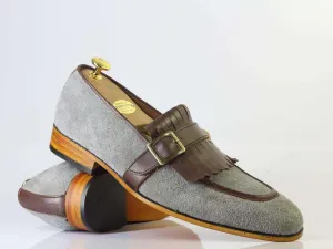 New Men's Handmade Brown Gray Monk Strap & Fringes Leather Suede Shoes, Men Designer Shoes