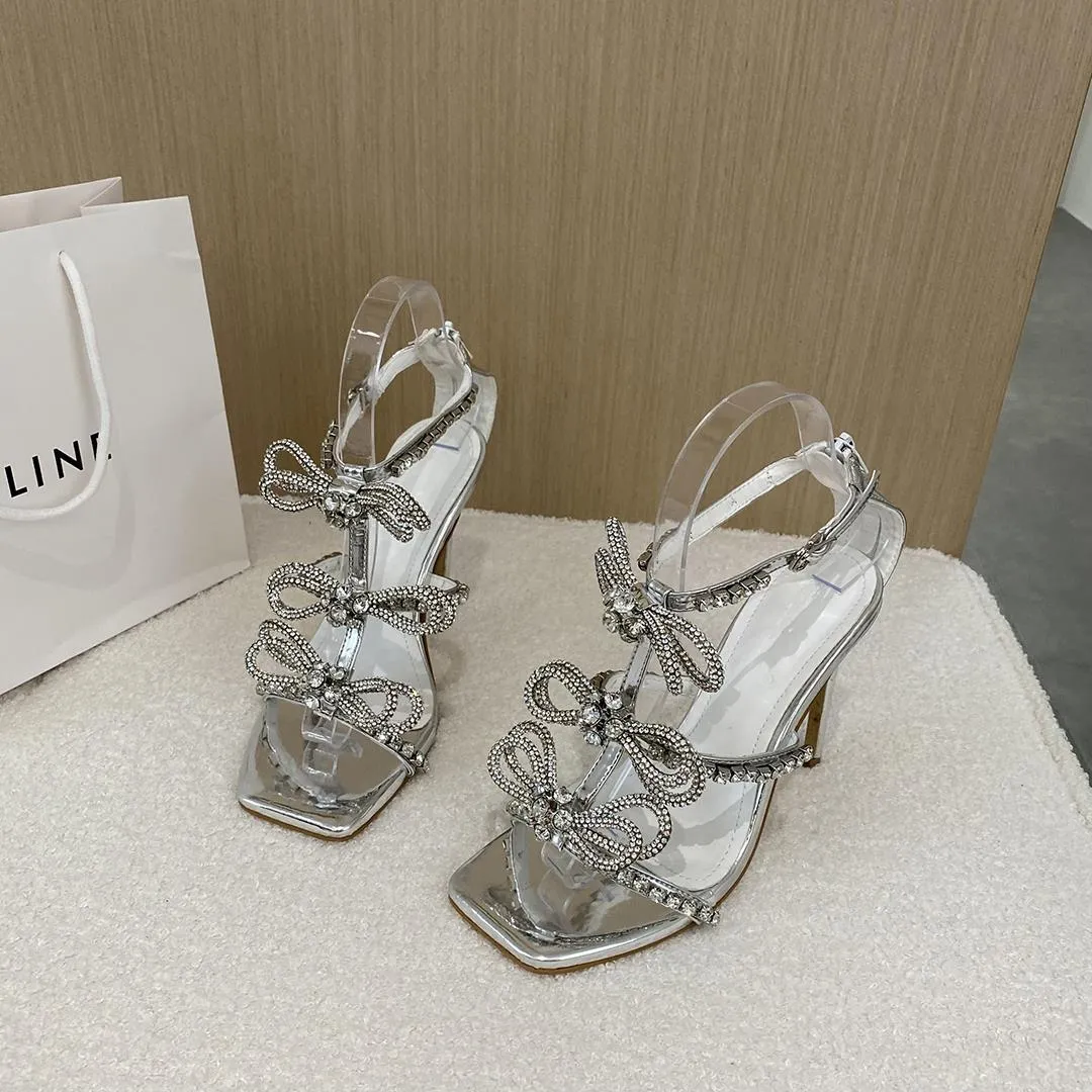 Rhinestone Bow Square Toe Heel