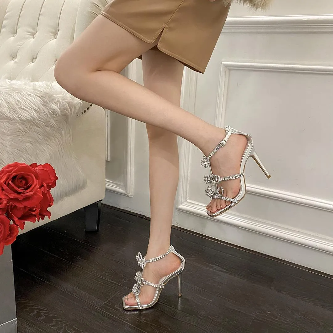 Rhinestone Bow Square Toe Heel