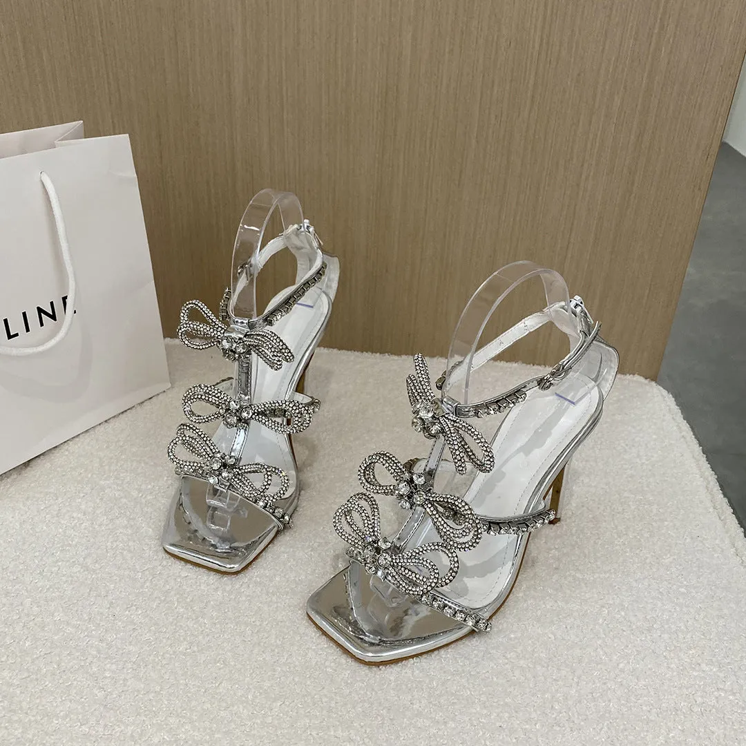 Rhinestone Bow Square Toe Heel