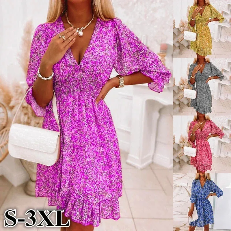 Women Summer Fashion Bohemian Dress Nipped Waist Pullover