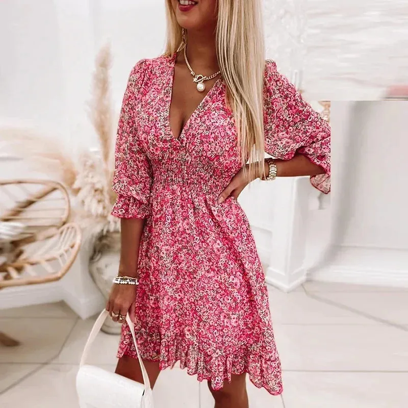 Women Summer Fashion Bohemian Dress Nipped Waist Pullover